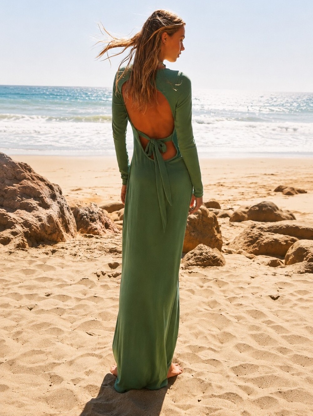 NWT Free People Beach Aubre Open Back Coastal Maxi Dress Tidal Sage Green Size M